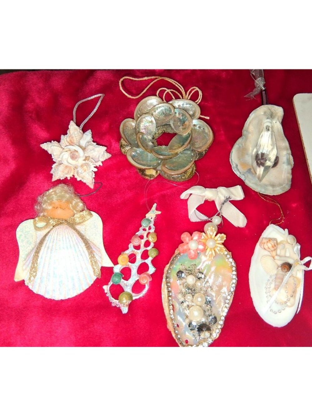 Lot Of 7 Handcrafted Seashell Ornament Decorations Angel Star Tree & Beaded Shel